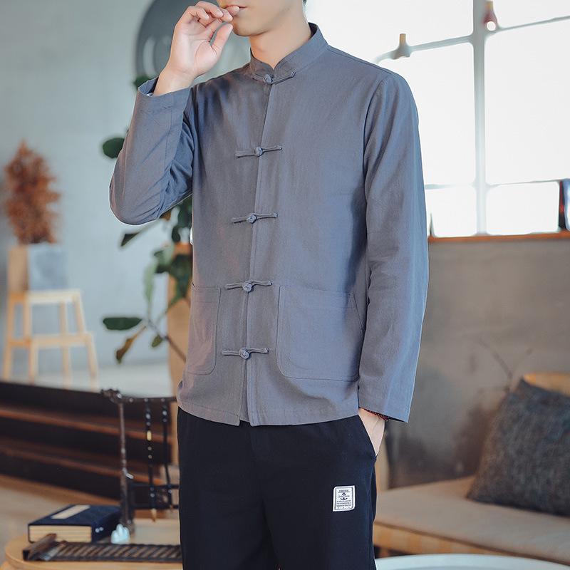 Men's Chinese-Style Linen Shirt: Hanfu-Inspired, Cotton Blend, Buttoned, Collared, Large Size Options Available.