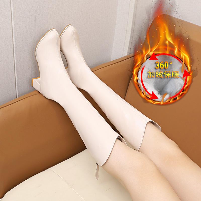 Elegant high-heeled boots women's autumn and winter new soft leather high knight boots retro velvet women's leather boots