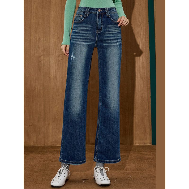 Coolhut2025 Autumn Women's Fashion Washed Simple Loose All-Match Micro-Pull Blue Jeans