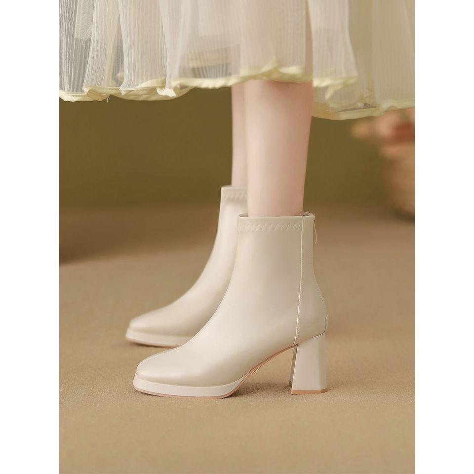 White high-heeled thin boots women's autumn 2025 new waterproof table French short boots square head small Martin boots