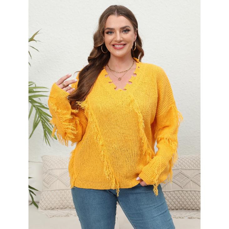 

Women s Knitted Sweater Plus Size Women s Clothing Autumn Winter V-Neck Patchwork Pullover Sweater 3XL жовтий