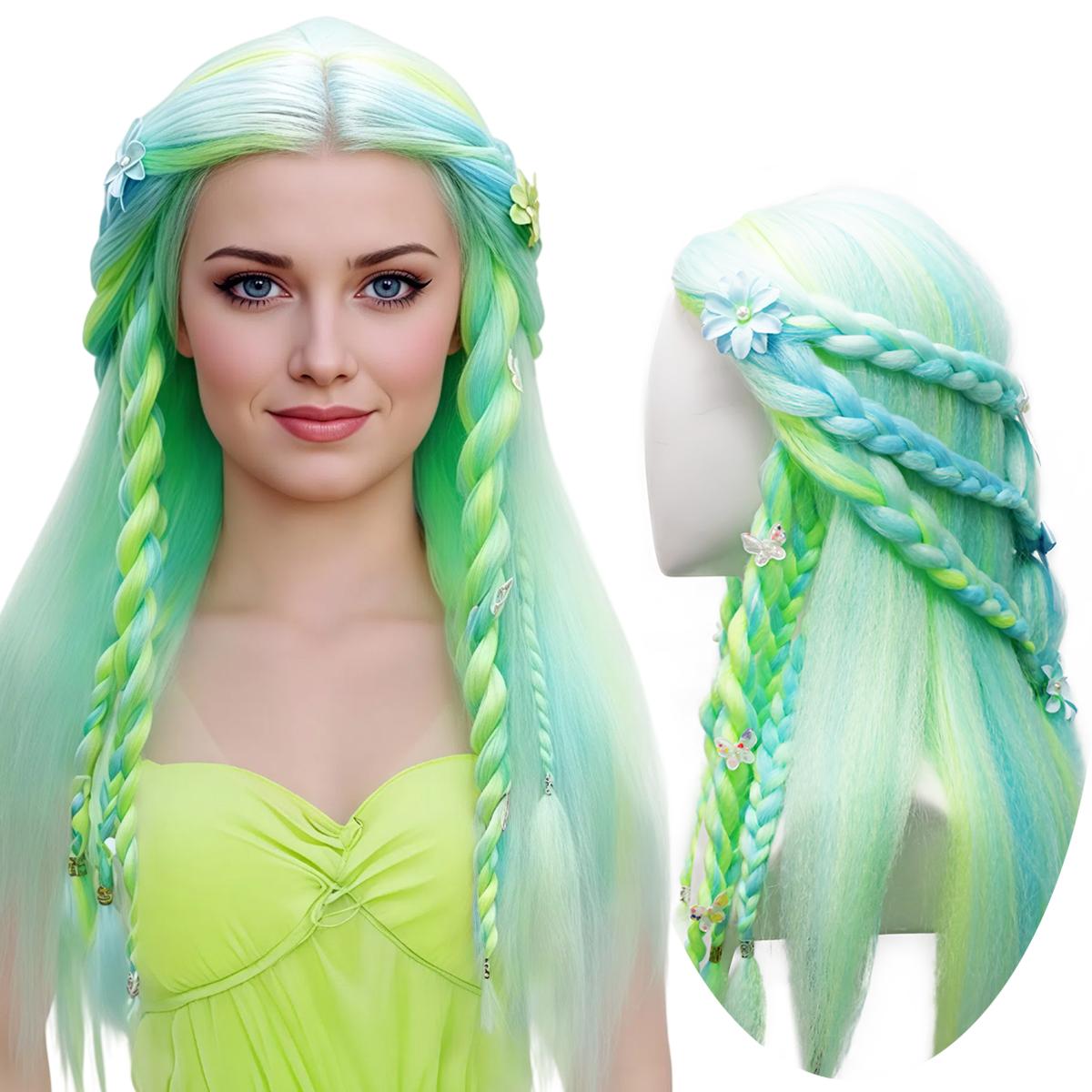 

Новый эксклюзивный парик из синтетического волокна с градиентным плетением и мелированием смешанного сине-зеленого цвета - для парика волшебника страны Оз