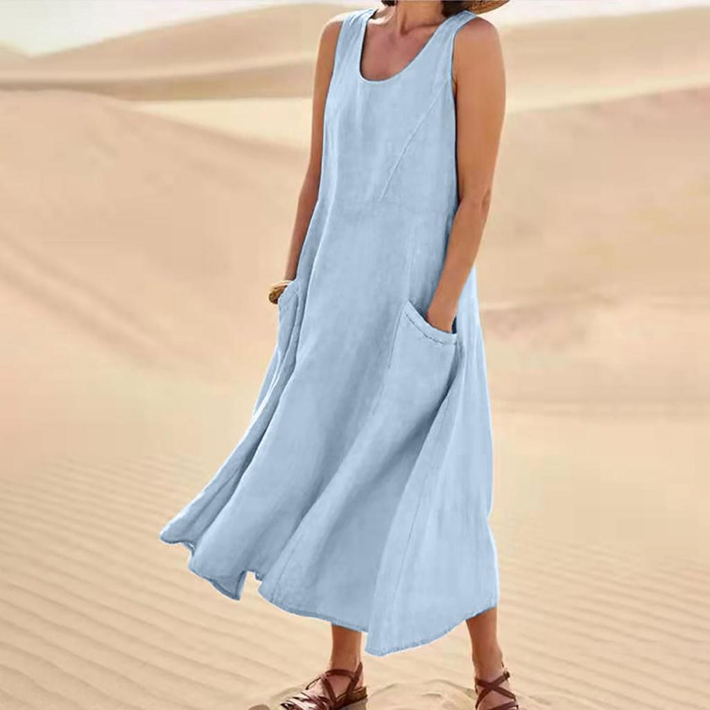 Women's Fashion Casual Colour Sleeveless Cotton Linen Pocket Dress