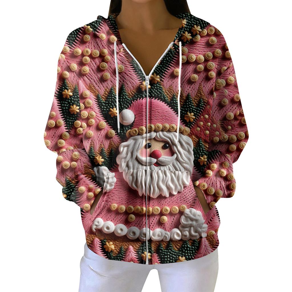 Women's Casual Fashion Long-Sleeved Zip-Up Christmas Print Knitted Hoodie