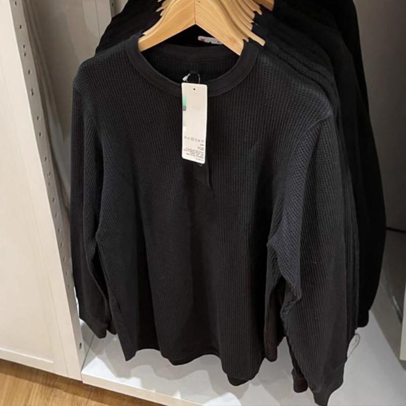 Men Women Long Sleeve Pullover T Shirt Waffle Knit Henley Neck