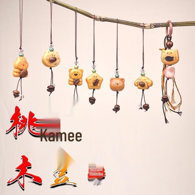 Peach Wood Coffee Bean Teddy Bear Heart Handbag Charm Pendant Keychain