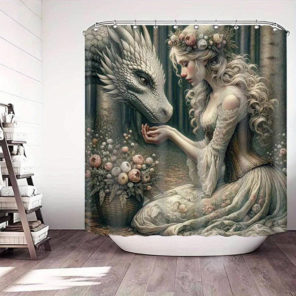 Verzauberte Waldprinzessin und Drache Wasserdichter Duschvorhang für Badezimmerdekor, Einzigartiges Kunstdesign, Lebendige Farben