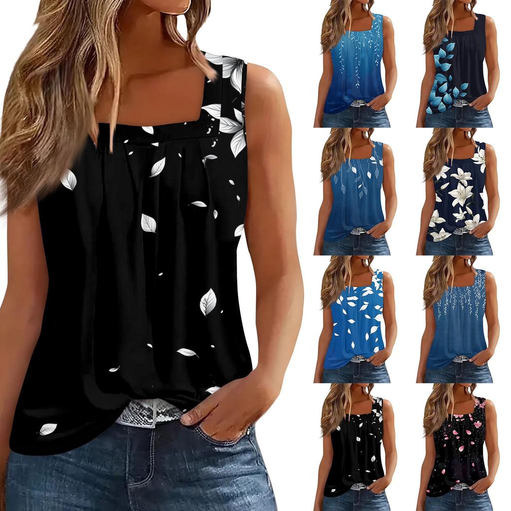 Women's Pleated Square Collar Sleeveless Vest Print T-shirt