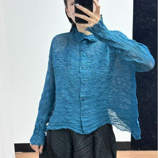 Retro-Plissee-Damenhemd in Übergröße - Lockeres, lässiges Frühlings-Top