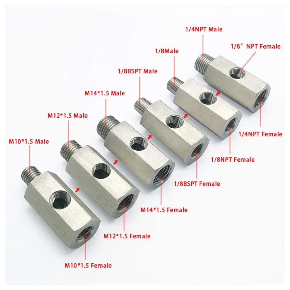 Stainless Steel Side Holes 1/8"NPT Female To M12 M10 M14 1/8NPT 1/4NPT Oil Pressure Sensor Connector Feed Line Gauge Tee Adapter