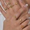 Waterproof Sun Shaped Nature Opal Stone Ring for Women, Stainless Steel Gold Plated Adjustable Finger Ring, Vintage Chic Jewelry