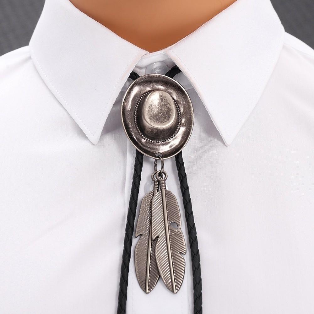 Vintage Western Cowboy Hat Necklace Unisex Metal Feather Necktie Long Pendant Chain Western Style
