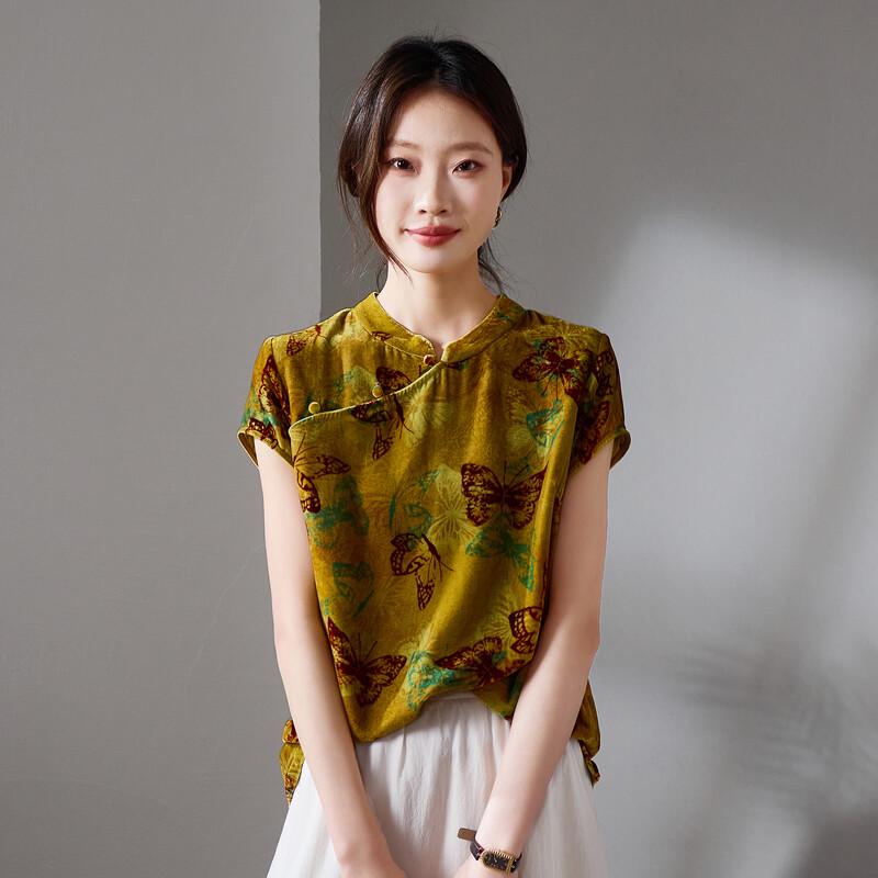 SOFSIL New Chinese Style Velvet Silk Printed Short Sleeve Shirt