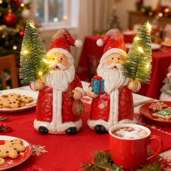 Mr. And Mrs. Santa Claus Figurine Hand-Painted Christmas Resin Ornament Couple Gingerbread Man Elk Statue for Holiday Table Mantel Decor