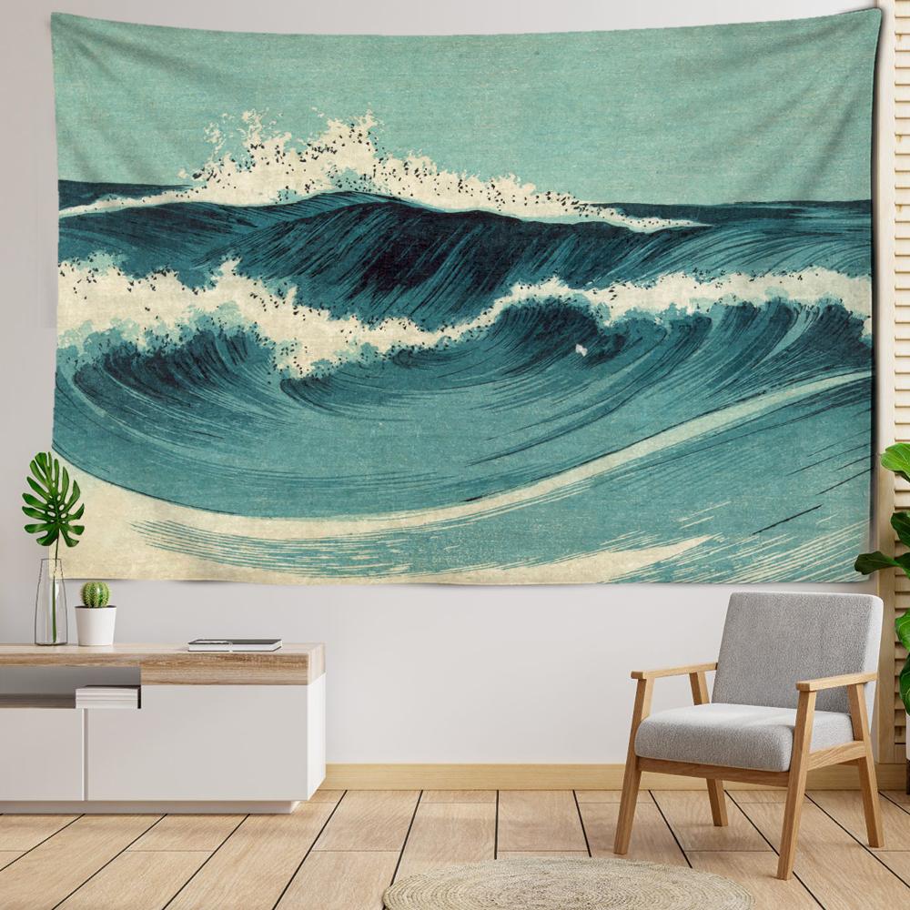 Blue Oil Painting Wave Tapestry Wall Hanging Art Bohemian Style Hippie Tapiz Aesthetic Room Bedroom Decor