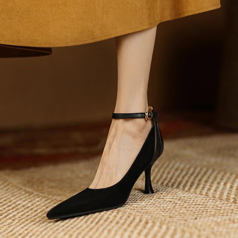 Fashion 2025 Spring Sheep Suede Women Shoes High Heel Shallow Pumps Pointed Toe Shoes Woman Buckle Heels for Women Zapatos Para Mujer