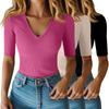 2026 Damen Frühling/Sommer Einfarbig V-Ausschnitt Weich Bequem Lässig Kurzarm Schlanke Passform Vielseitiges T-Shirt
