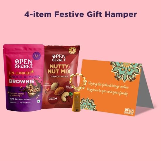 Offener Geheimnis-Geschenkkorb mit Schokoladen-Brownies und gesunden Trockenfrüchten und Nüssen | 4-Artikel-Geschenk-Kombi - Schoko-Mandel-Brownie, Trockenfrucht- & Nussmischungen