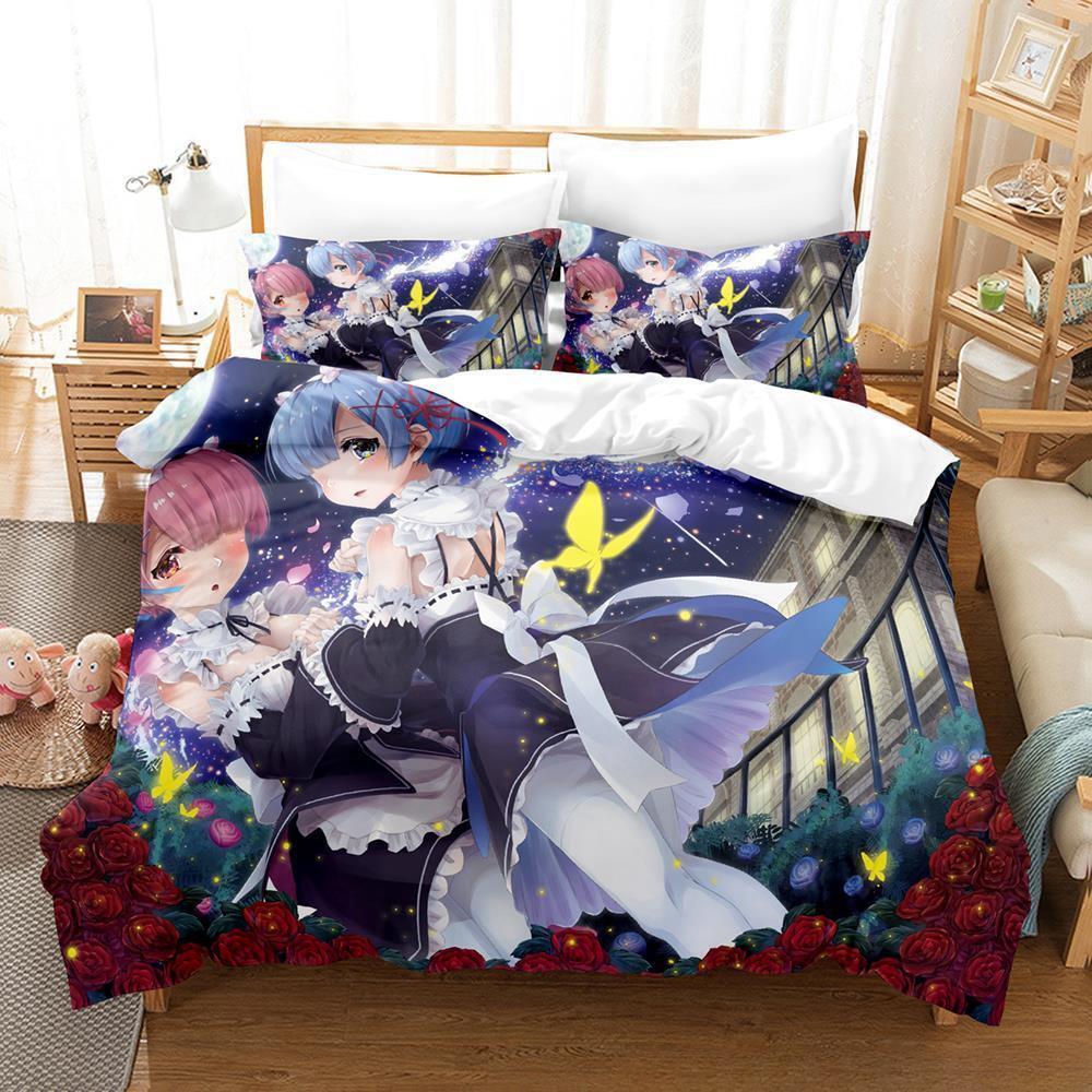 New Re Zero Rem Ram Bedding Set 3d Print Kawaii Cartoon Anime Three-piece Set Adult Kid Bedroom Duvet Cover Sets Home Textiles