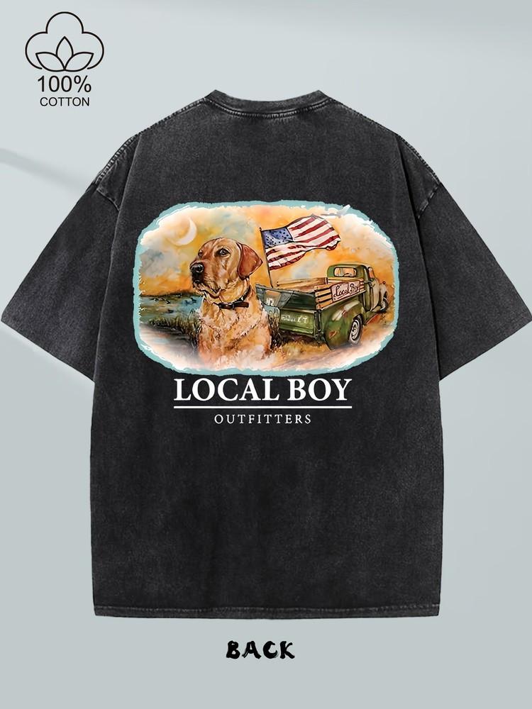 Мужская винтажная футболка Local Boy для активного отдыха с принтом  Собака и Внедорожник  - Двойная унисекс футболка XL