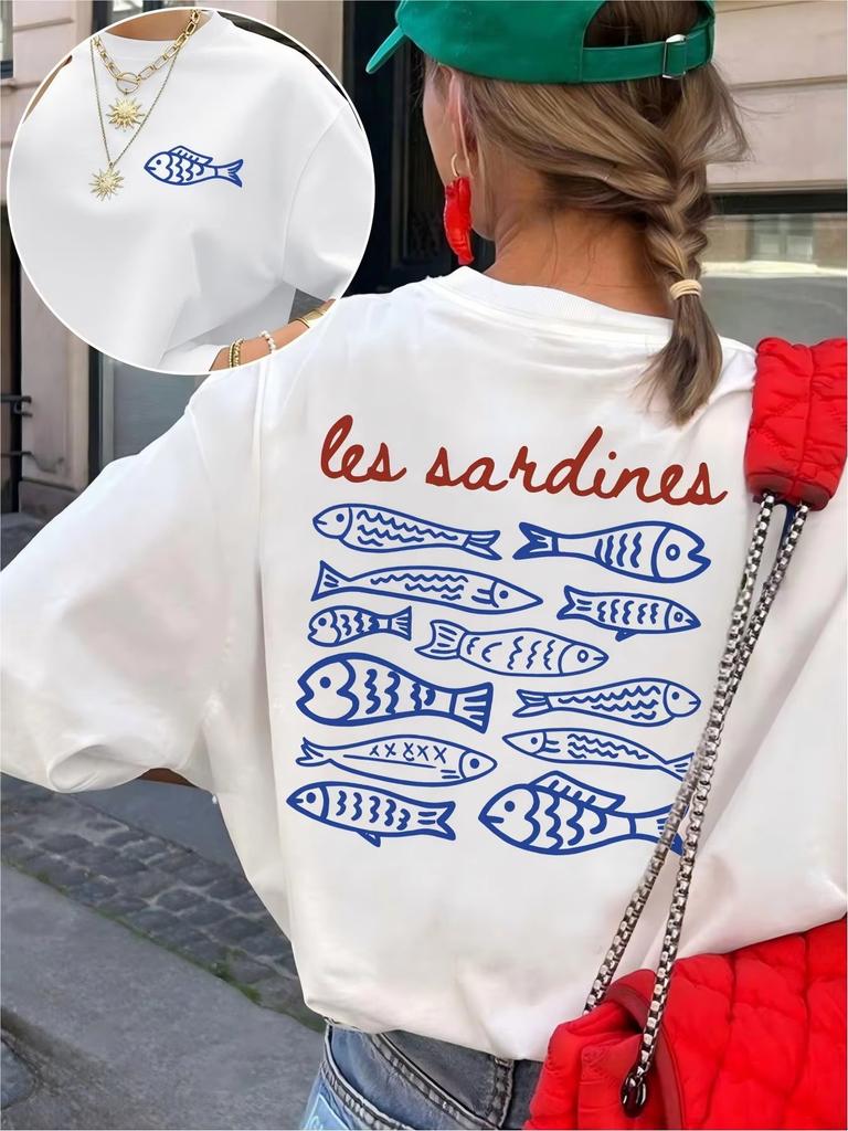 Maglietta Grafica Vintage Les Sardines da Donna Stampa Pesce Double Sided Estetica Francese Harajuku Manica Corta Top da Spiaggia Costiera