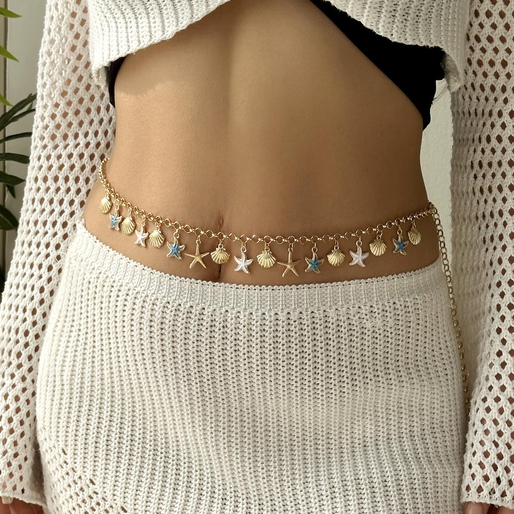 Ocean Series Boho Starfish Conch Pendant Waist Chain for Women Double Layer Imitation Pearl Beaded Belly Chain Body Jewelry