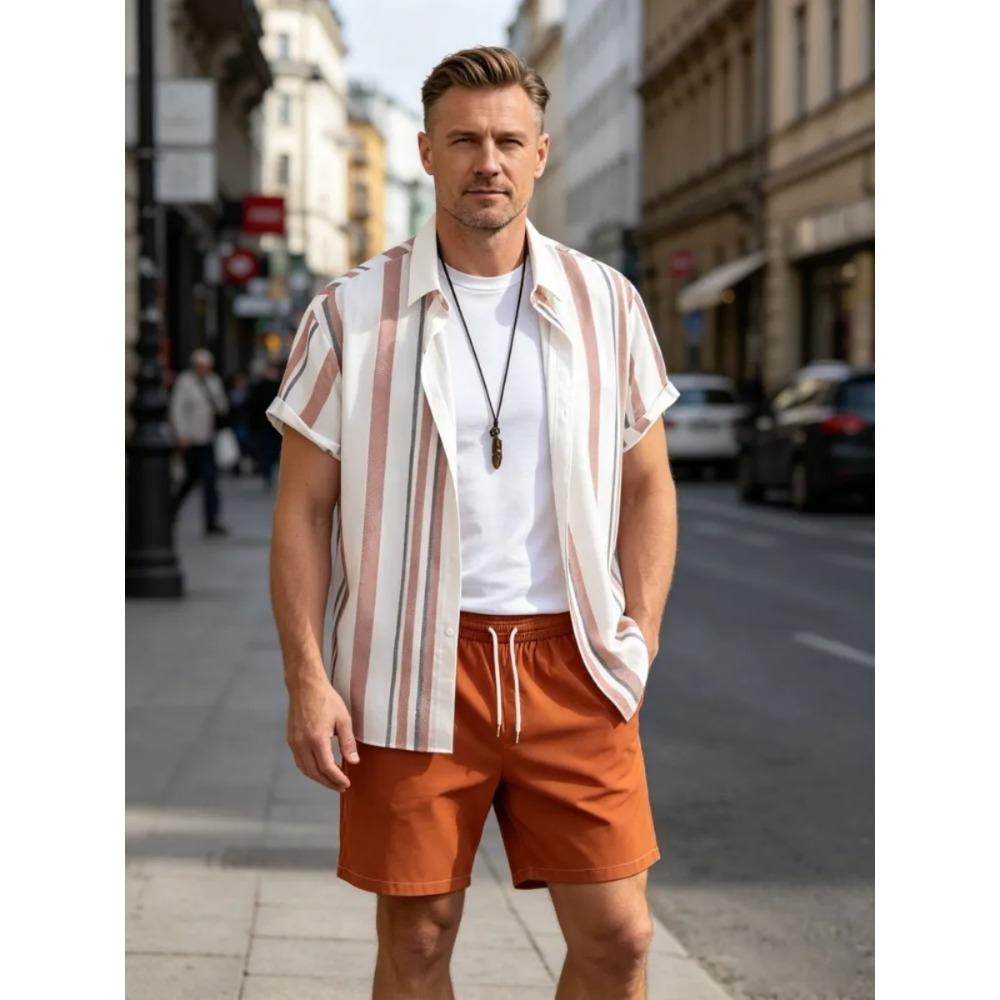 Simple Men Shirt Sets Vintage Stripe Lapel Short Sleeve Casual Shirt Beach Shorts Summer Streetwear Hawaiian Fashion Loose Suits