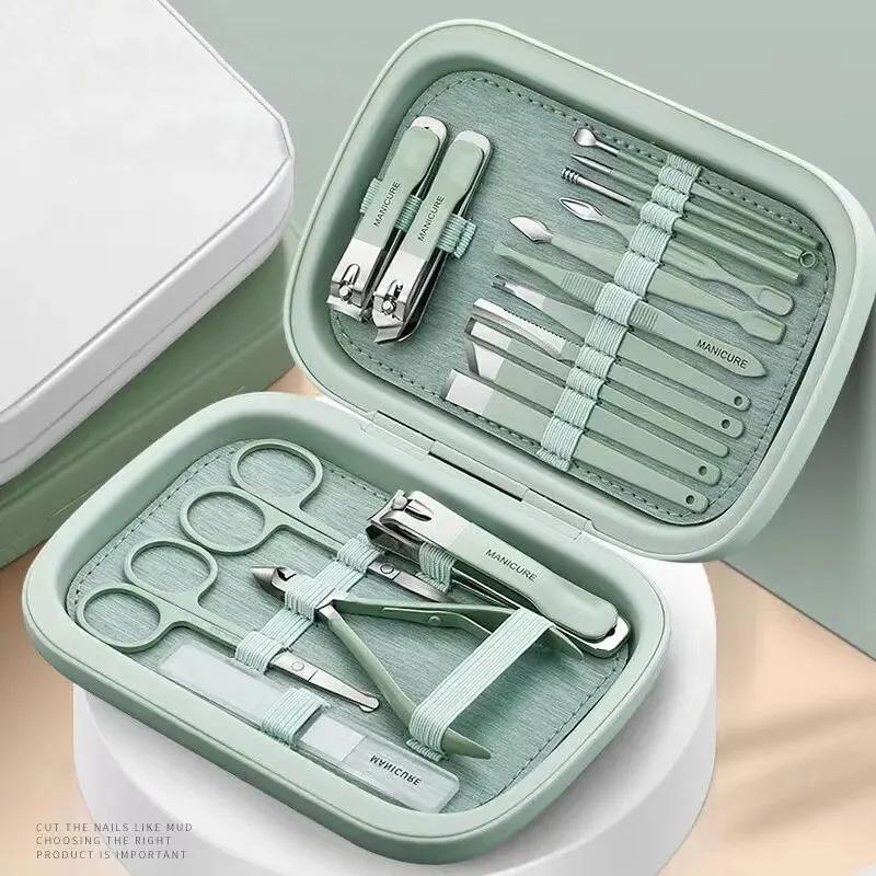 18 Piece Deluxe Manicure & Pedicure Set Green And Blue Stainless Steel Nail Scissors, Clippers, Ear Digging Spoon Women for Men