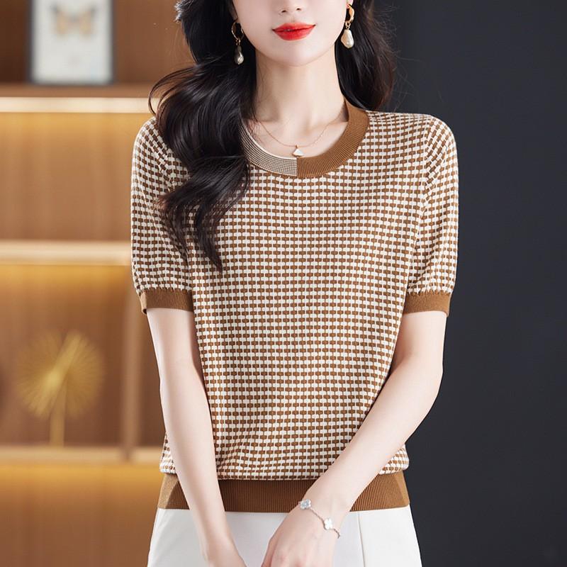 Dünnes Strickshirt Sommer Neu Kariertes T-Shirt Damen Kurzarmtop