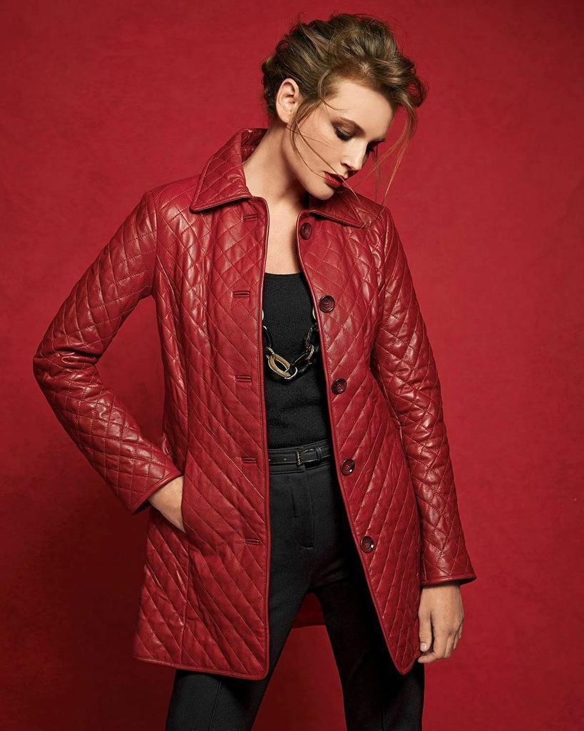 Handmade Leather Trench Coat Slim Fit Red Party Wear Stylish Women Designer Lambskin