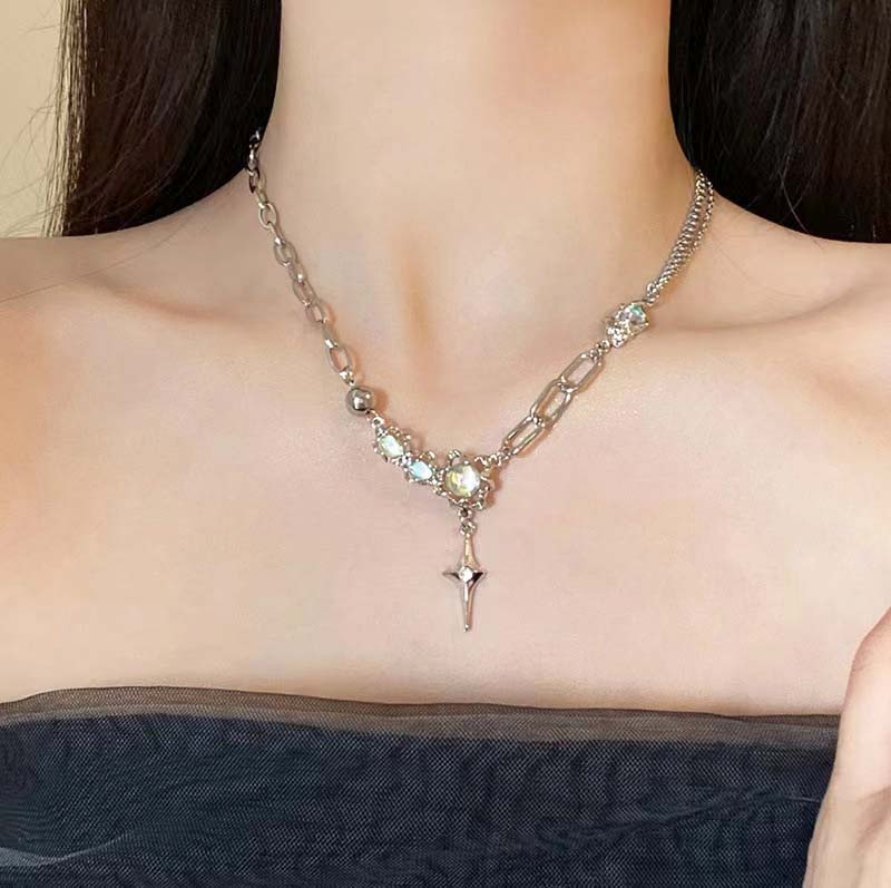 Funkelnder Mondlichtstein Anhänger Halskette für Damen Sternenlicht Unregelmäßige Lange Quaste Kette Choker Accessoires Modeschmuck