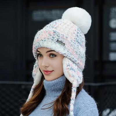 Women's Fleece Winter Hat with Detachable Ear Flaps & Pom-Pom Trim - Elastic Pull-String Closure, Cold Weather Outdoor Activities