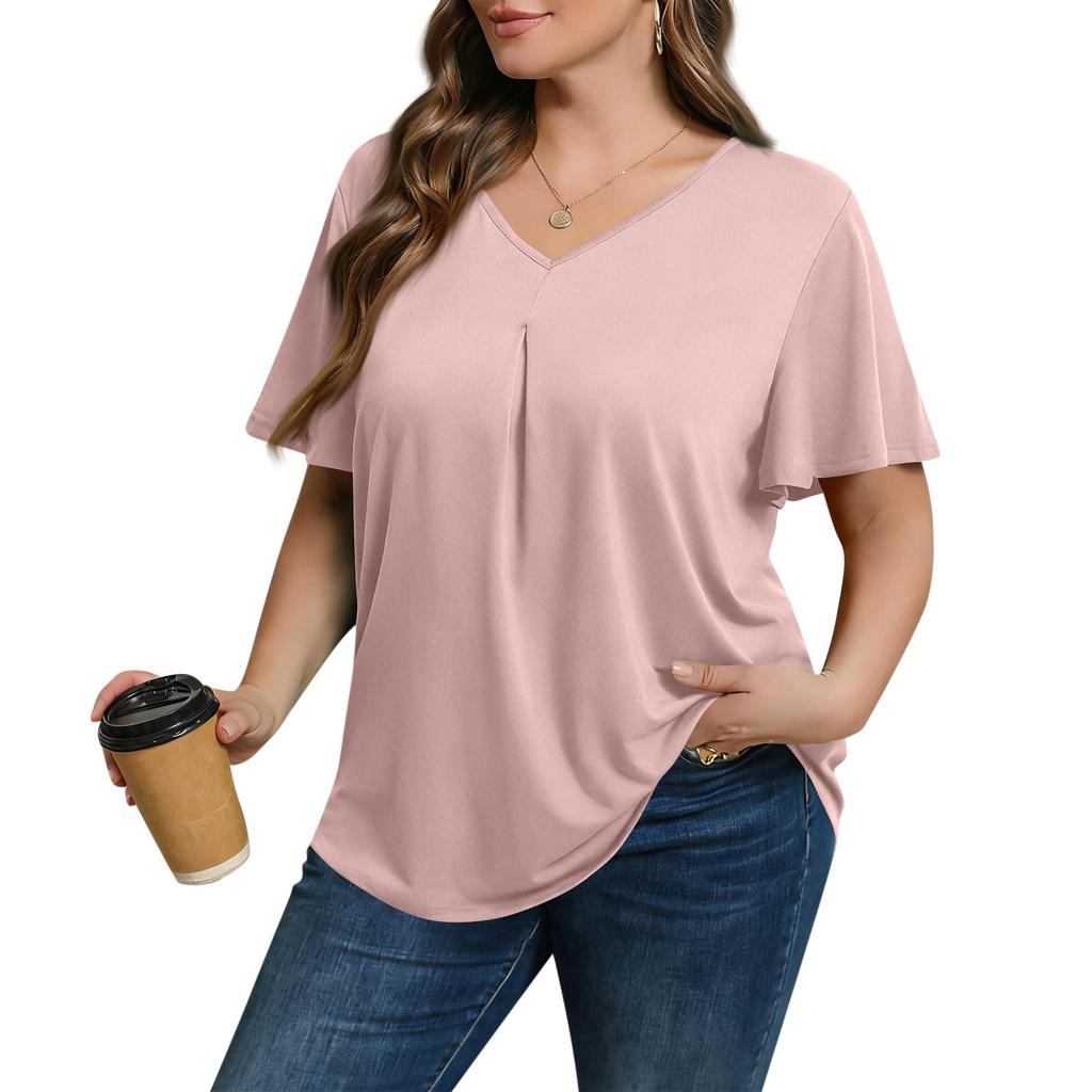 Women's Plus Size Fashionable Casual Loose-Fit Short Sleeve Elegant V Neck Blouse For Work