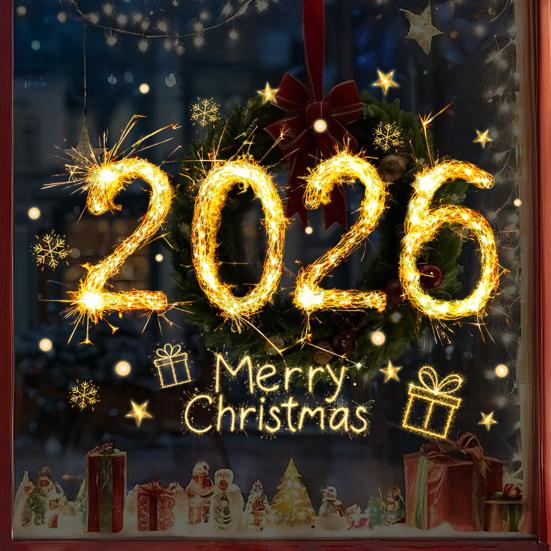 Christmas Glass Stickers 2026 Number Blessings Golden Flame Effect Waterproof Easy To Apply New Year Window Decals