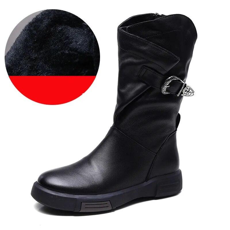 Johnature Genuine Leather Flat Mid-calf Boots For Women's Vintage Solid Color Side Zippered Boots