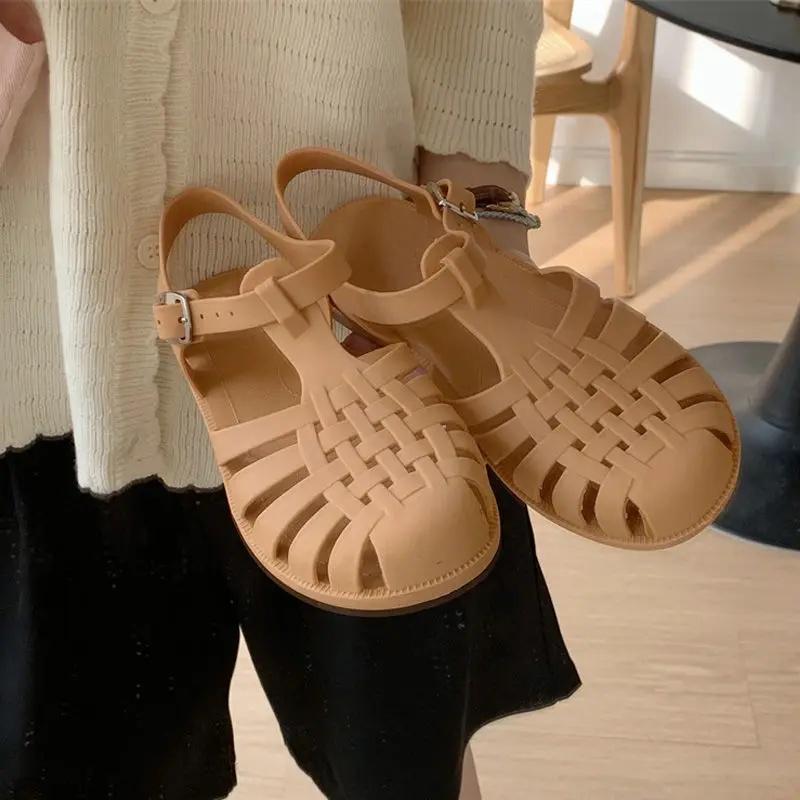Green Fashion Casual Anti-Slip Flat Bottom Jelly Shoes Women Summer Student Retro Fairy Style Hollow Woven