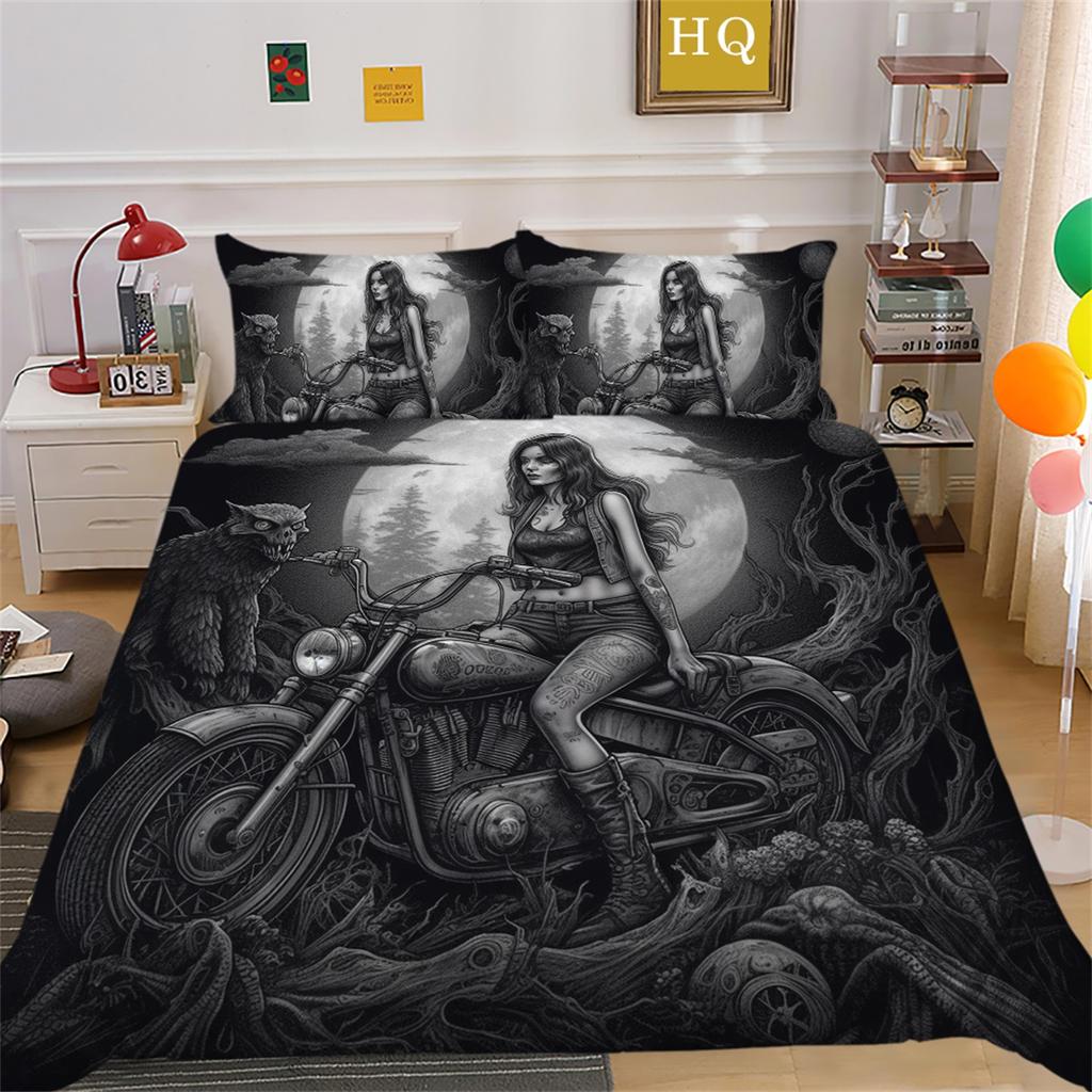 3D Dark Beauty Motorcycle Printed Bedding Set Beauty Skull Head Duvet Cover 2/3 Pieces AU180 * 210 Super Big Bed Room Quick Drying Home Decoration