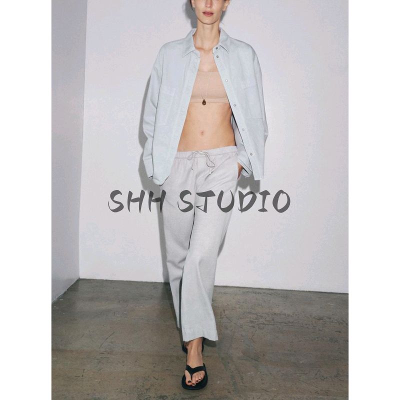 Cotton Lapel Pocket Long Sleeve Shirt Coat 6786241 Mid-Waist Comfortable Casual Jogger Pants 6786042