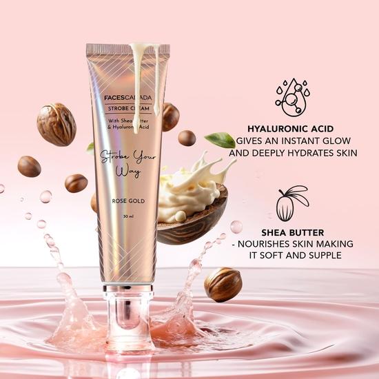 FACESCANADA Strobe Cream - Rose Gold, 30Ml | Primer + Highlighter + Moisturizer | Shea Butter & Hyaluronic Acid | Intense Hydration
