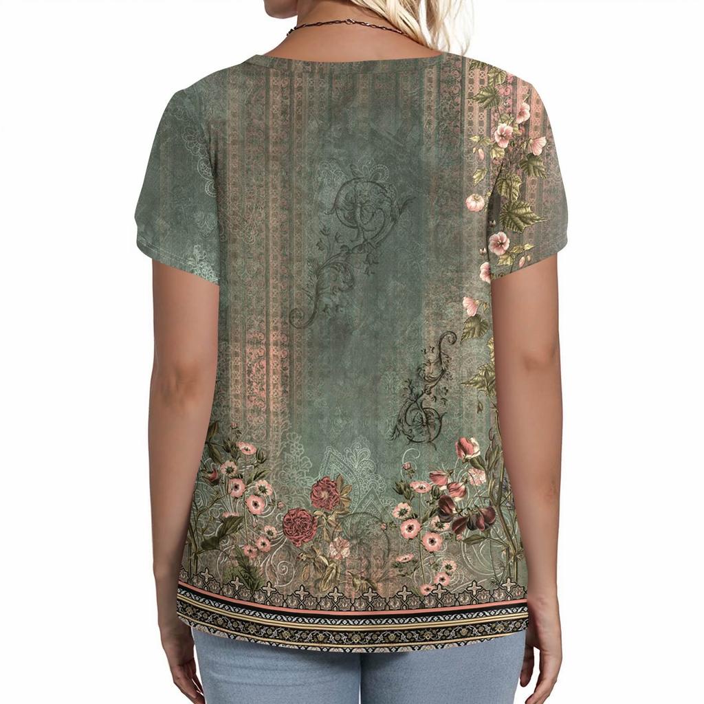 Women's Fashion Casual Printed Square Neck Short Sleeve Large Size T-Shirt Top