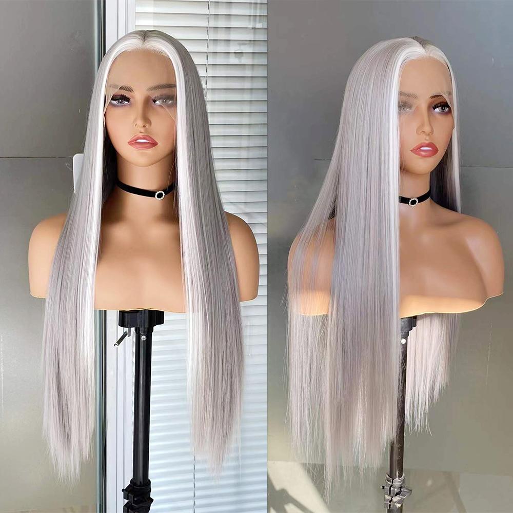 AIMEYA Light Grey Lace Front Wig White Highlights for Women Girls Long Body Wave Heat Resistant Synthetic Lace Wigs Daily Use