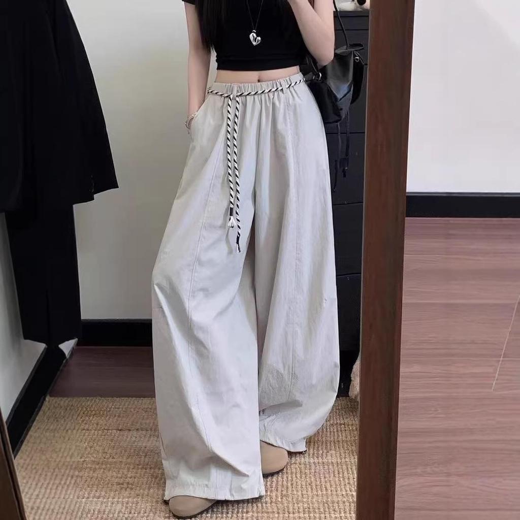 Drawstring High-Waist Women's Banana Pants - Spring 2026 Wide-Leg Loose Fit, Floor-Length, Slimming Casual Design.