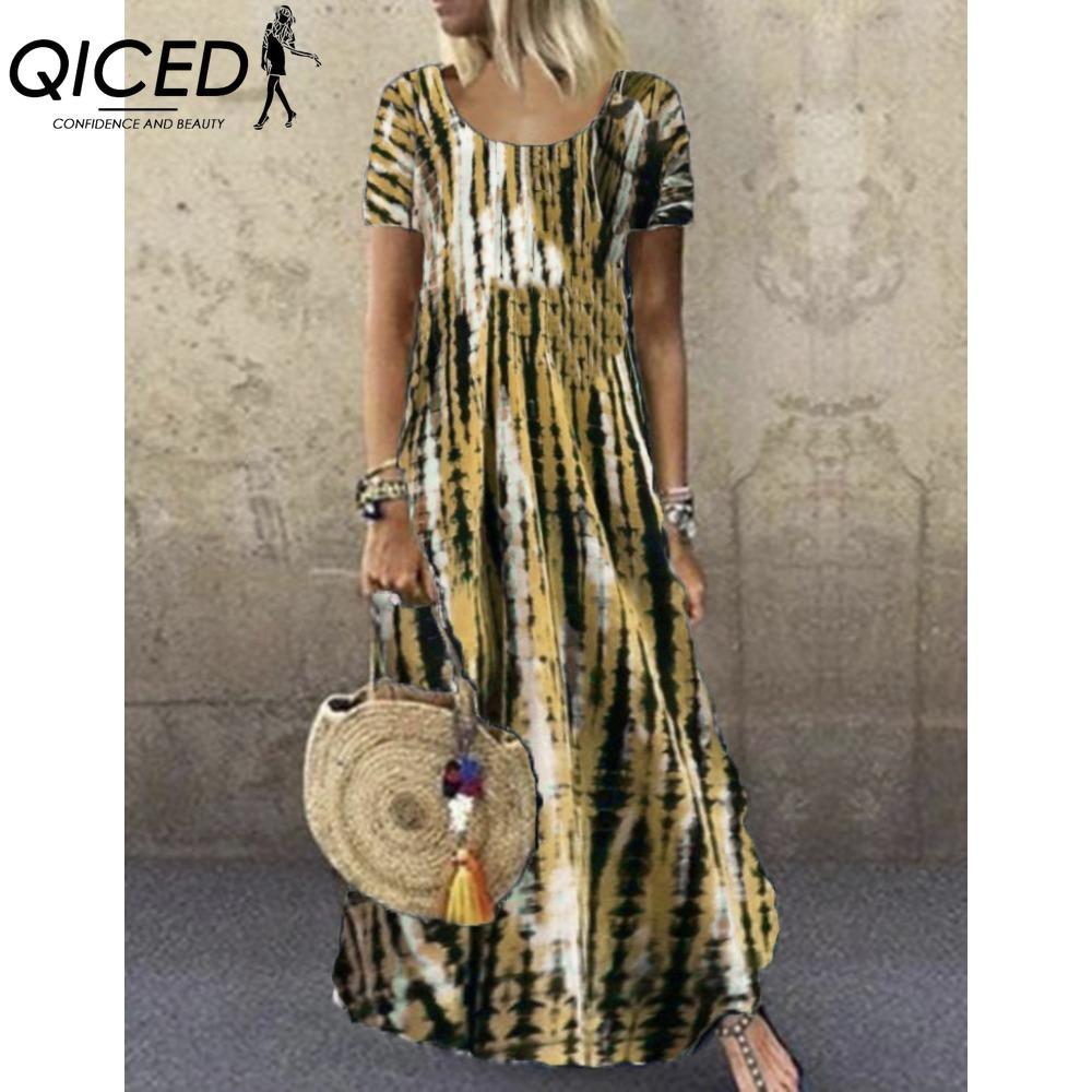 QICED S-5XL Women Fashion Summer Spring Casual Short Sleeve O-Neck Dresses