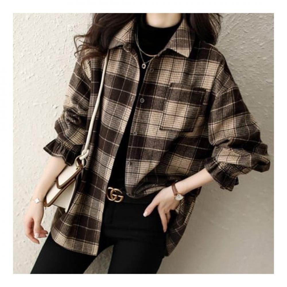 Navava Women Shirring Sleeve Long Sleeve Check Shirt Nb1760