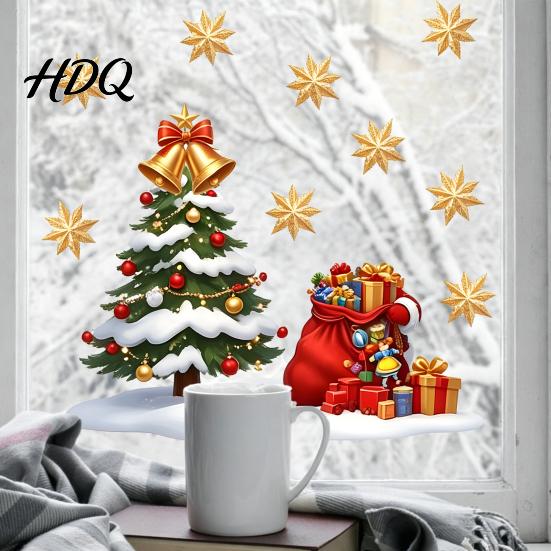 Winter Holiday Glass Decals Christmas Window Static Sticker Creative Snowman Tree Pattern PVC Decal Waterproof Decorative Film Reusable Festive Wall
