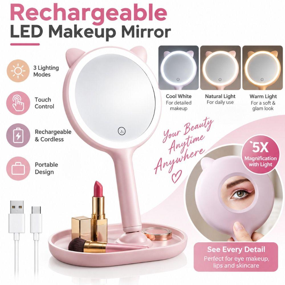 Rechargeable LED Makeup Mirror Touch Control Cosmetic Mirror Lighted Vanity Mirror Desktop