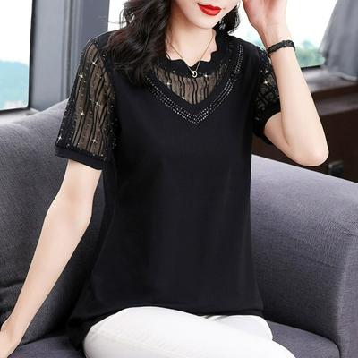 Mesh Stitching Short-sleeved T-shirt Women's Plus Size Fat Mm Ladies Diamond-studded
