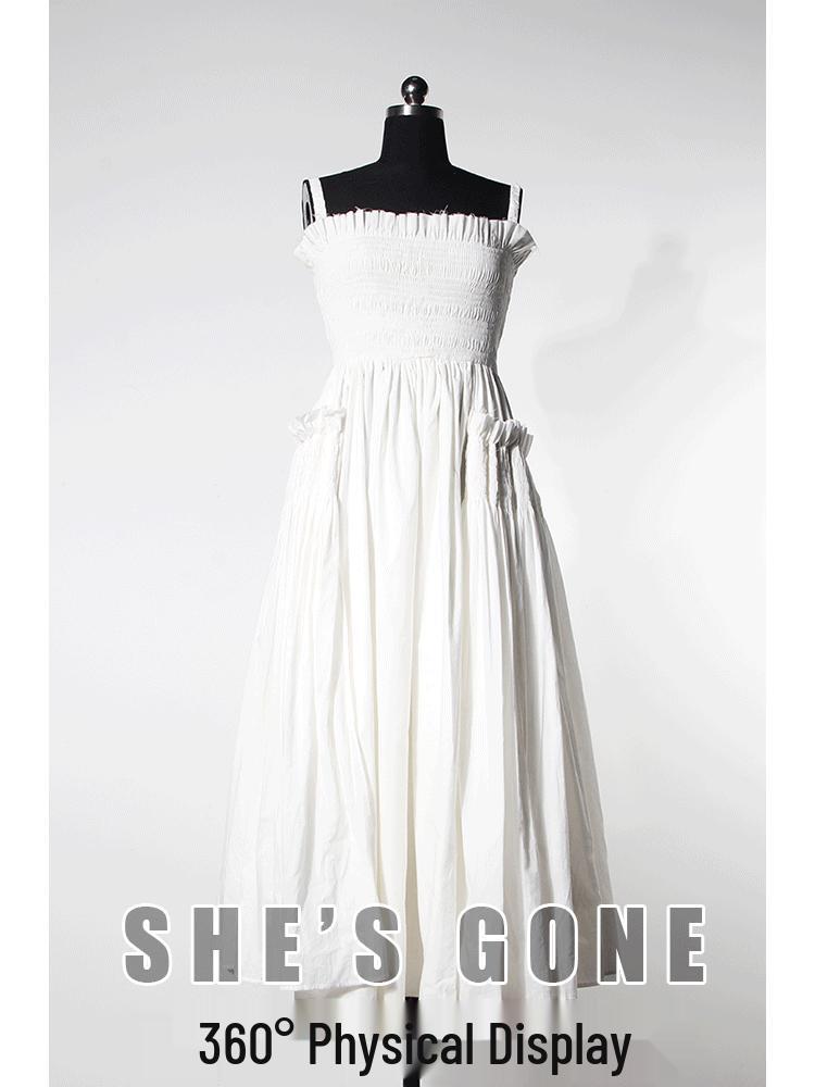 French Retro White Spaghetti Strap Backless Ruffled Slimming Maxi Dress