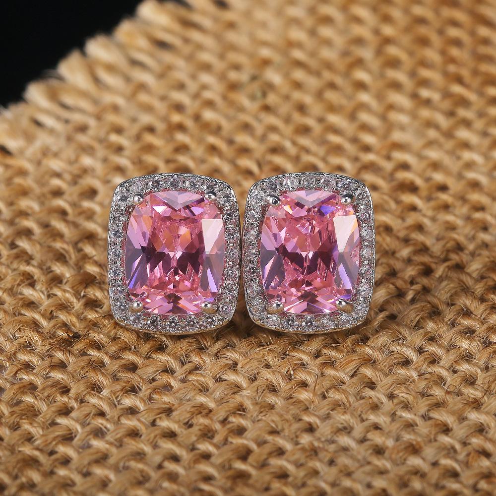 Delicate Square Women'S Stud Earrings, Full Of Diamonds And Pink Zircon Stud Earrings Jewelry.