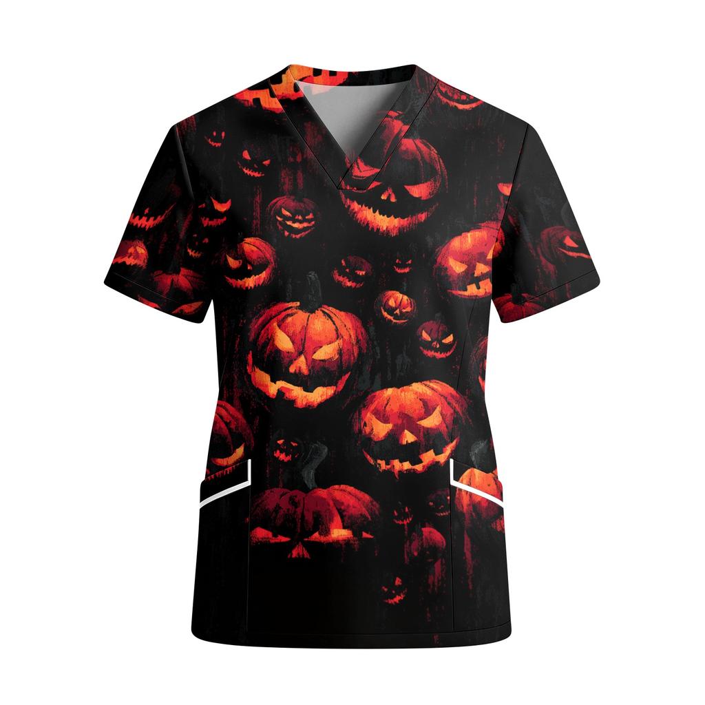 Women V Neck Short Sleeve Work Top with Pockets Halloween Print Floral Pattern Spider Web Design Casual Medical Scrub Shirt